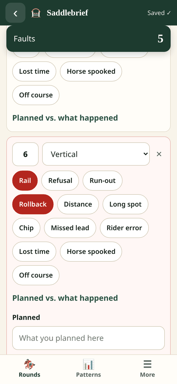 Saddlebrief debrief screen with fault tags per fence