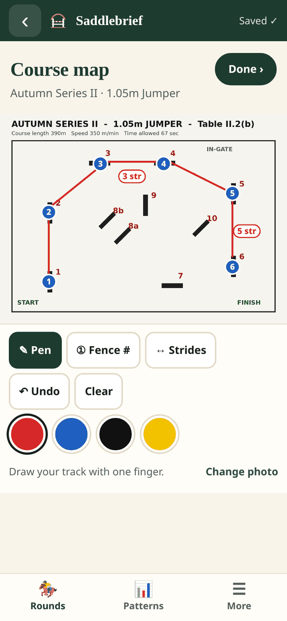 Saddlebrief course map with a drawn track, numbered fences, and stride counts